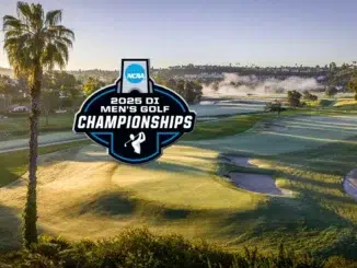 Golfers playing on a scenic lakeside golf course at sunset.